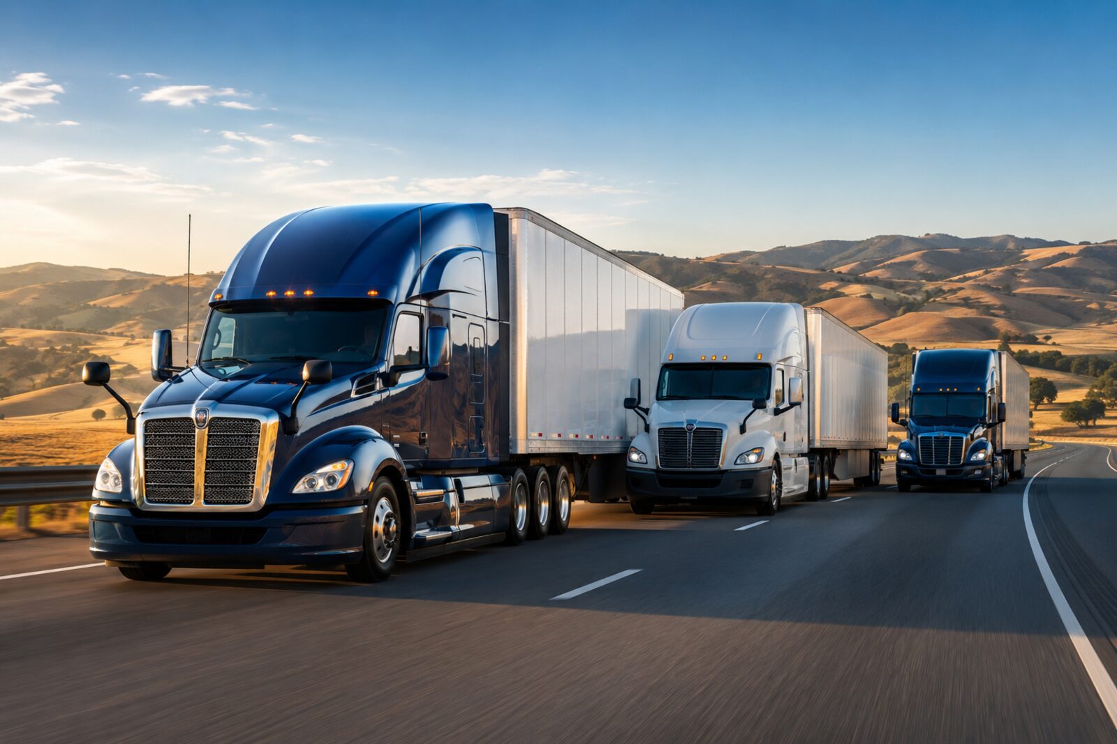 Fleet of semi trucks traveling together on an open highway