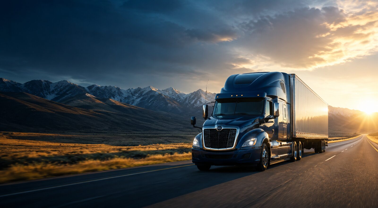 Semi truck traveling on a mountain highway at sunrise